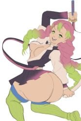 ass ass_focus big_ass big_butt breasts bubble_butt cleavage demon_slayer fat_ass green_eyes huge_ass kanroji_mitsuri kimetsu_no_yaiba large_ass looking_at_viewer looking_back multicolored_hair round_ass short_skirt skimpy skimpy_clothes skirt smile smiling smiling_at_viewer thick thick_ass thick_thighs undergroundj voluptuous wide_hips
