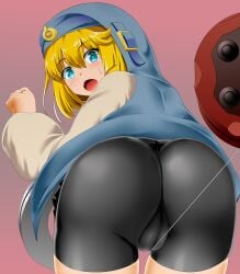 1boy androgynous ass backsack balls bike_shorts blonde_hair blue_eyes blush bridget compression_shorts fully_clothed guilty_gear guilty_gear_strive hoodie light_skin shorts solo solo_focus solo_male spandex_shorts thick_thighs thighs yo-yo yohangasuparu