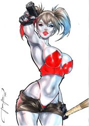 1girls baseball_bat batman_(series) big_breasts dc dc_comics dominant_female ed_benes_studio female female_only fit_female gun harley_quinn high-waisted_thong high_waisted_thong jeferson_lima looking_at_viewer multicolored_hair red_bra short_shorts solo solo_female solo_focus thong thong_straps twintails