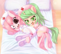 absurd_res an-m anus ass bed camel_toe clothed clothing duo equid fangs female female/female furniture genitals green_eyes green_hair hair hat headgear headwear heterochromia hi_res hooves legwear looking_at_viewer mammal no_underwear nurse_clothing nurse_hat nurse_headwear on_bed pillow pink_hair puffy_anus pussy setna stockings tezla_(an-m) tongue tongue_out underhoof