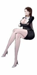 1girls 9h big_breasts brown_hair cleavage female female_only fully_clothed gyakuten_saiban high_heels long_hair long_legs magatama_necklace mia_fey simple_background sitting solo tagme