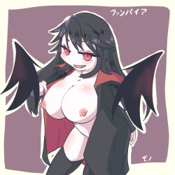 belly_button big_breasts big_hair black_hair boobs breasts breasts_out breasts_outside giant_breasts long_hair massive_breasts mono_(twitter_artist) nipples no_bra no_panties nude nude_female pale-skinned_female pale_skin pink_nipples pointy_teeth red_eyes sharp_teeth thigh_highs thighhighs trenchcoat trenchcoat_only vampire vampire_girl white_body white_skin wings