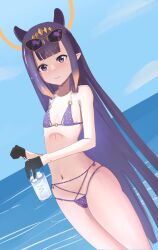 1girls angelchama beach bikini black_gloves cutting_board drink female female_focus female_only flat_chest halo hololive hololive_english hololive_myth long_hair ninomae_ina'nis purple_hair sunglasses sunglasses_on_head thighs virtual_youtuber water