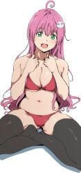 1girls alp bikini black_legwear breasts cleavage female female_only green_eyes horny lala_satalin_deviluke large_breasts long_hair looking_at_viewer open_mouth pink_hair red_bikini solo thighhighs to_love-ru to_love-ru_darkness