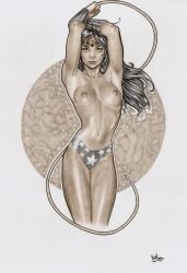 arms_behind_head bracelets breasts dc dc_comics diana_prince female female_only jefter_leite lasso lasso_of_truth long_hair looking_at_viewer nipples nudity small_breasts standing superheroine tiara topless topless_female underwear underwear_only wonder_woman wonder_woman_(series)