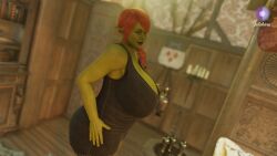 1girls 3d 3d_(artwork) bbw big_breasts braided_hair braided_ponytail busty curvy curvy_body curvy_female curvy_figure dreamworks dress female female_only green green-skinned_female green_body green_skin huge_breasts non-human ogre ogress_fiona princess_fiona princess_fiona_(ogre) red_hair shrek_(series) solo sulishious thick thick_thighs