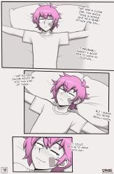 1boy bandage blush clothed clothing comic dross english_text femboy high_resolution original pink_hair skater_boi_(dross) smug taylor_(dross) text twink