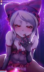 blush female_vampire housou-chan lingerie looking_at_viewer overlord_(maruyama) pink_hair pov red_eyes shalltear_bloodfallen small_breasts tongue_out vampire