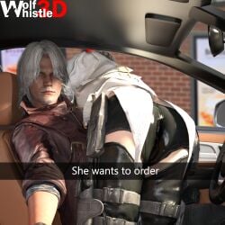 3d artist_request ass ass_focus car dante dante_(devil_may_cry) devil_may_cry devil_may_cry_5 drive_thru female he_wants_to_order lady_(devil_may_cry) male meme she_wants_to_order wolfwhistle3d