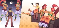 1boy 2girls angry cherrys-12 defeated degradation domination embarrassed female gerudo humiliation instant_loss instant_loss_2koma male nintendo original_character over_the_knee_spanking panties_down pants_down punishment scared spanked spanking the_legend_of_zelda worried