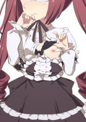 apron black_bra blush bow bow_bra bra bra_lift breasts eyepatch hanazono_yurine highres jashin-chan_dropkick maid maid_apron medium_breasts morisobo one_breast_out red_hair underwear