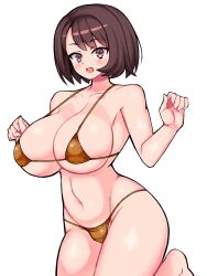 1girls 2022 alternate_breast_size bikini breasts brown_eyes brown_hair chro cleavage female gloria_(pokemon) gold_bikini hips huge_breasts light-skinned_female light_skin micro_bikini nintendo pokemon pokemon_ss short_hair slim_waist smile thick_thighs thighs wide_hips