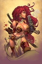 battle_chasers female firearm green_eyes handgun human joe_madureira large_breasts long_hair mark_anthony_taduran pale_skin red_hair red_monika revolver weapon