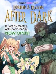 3girls blonde_hair brown_hair doujin_cover dungeons_and_dragons elf elf_female fairy fantasy female green-skinned_female green_hair green_skin light-skinned_female light_skin orc orc_female pointy_ears rayno