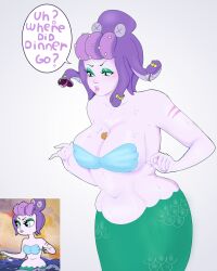 between_breasts big_breasts blue_eyes cala_maria chubby cuphead_(game) cute female giantess huge_breasts large_breasts larger_female mermaid mermaid_giantess mugman purple_skin scar seashell_bra smaller_male spospiteful sweat the_cuphead_show