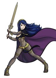 black_eyes blue_hair bodystocking cape cleavage falchion_(fire_emblem) fire_emblem fire_emblem_awakening fit_female high_heels holding_weapon large_breasts loincloth long_hair lucina_(fire_emblem) nintendo see-through_clothing sword tharja_(fire_emblem)_(cosplay) tran4of3