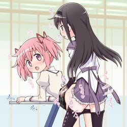 2girls akemi_homura bent_over black_hair black_pantyhose black_skirt blue_eyes blush clothed_sex clothes_lift clothes_pull desk doggy_style grey_shirt grey_sleeves hairband highres implied_futanari indoors long_hair long_sleeves madoka_kaname mahou_shoujo_madoka_magica moaning motion_lines multiple_girls open_mouth pantyhose pantyhose_pull pink_eyes pink_hair plaid plaid_skirt purple_skirt pussy_juice ribbon school_uniform sex shirt skirt skirt_lift sweat thighs torso_grab twintails white_shirt white_sleeves young yuuki_akira