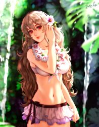 1girls alternate_costume bikini black_ribbon blurry blurry_background breasts corrin_(female)_(fire_emblem) corrin_(female)_(summer)_(fire_emblem) corrin_(fire_emblem) corrin_(fire_emblem)_(female) corrin_(summer)_(fire_emblem)_(female) esther-shen female female_only fire_emblem fire_emblem_fates fire_emblem_heroes fit_female flower flower_in_hair flower_wreath hair_flower hair_ornament large_breasts long_hair looking_at_viewer navel nintendo official_alternate_costume red_eyes ribbon signature silver_hair solo swimsuit white_bikini white_hair white_swimsuit