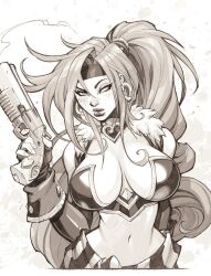 battle_chasers gun joe_madureira large_breasts long_hair monochrome red_monika sketch