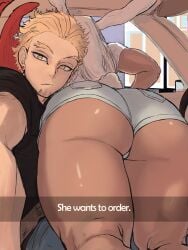 1boy 1girls 8oscar absurd_res ass ass_focus back_view big_ass big_butt blonde_hair bunny_ears bunny_tail english_text female hawks_(my_hero_academia) he_wants_to_order high_resolution huge_ass huge_butt keigo_takami long_hair meme miruko my_hero_academia rumi_usagiyama short_hair shorts text text_box thick_thighs thighs tight_clothing white_hair wide_hips yellow_eyes