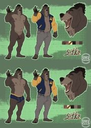 anthro bruteandbrawn chain_necklace clothed clothing foreskin genitals gesture gold_chain hi_res jacket letterman_jacket male mammal model_sheet musclegut muscular nude open_mouth partially_clothed penis slightly_chubby solo topwear ursid waving