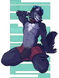 anthro artist_name black_body black_collar black_fur black_hair black_nose black_tail blue_eyebrows blue_eyes blue_hair blue_pawpads bodily_fluids canid cheek_tuft chest_tuft clothed clothing collar ear_piercing ear_ring ear_stud elbow_tuft erection erection_under_clothing eyebrows facial_tuft fangs fur genital_fluids glistening glistening_nose grey_body grey_fur grey_tail grin hair hi_res kai_(sin.imue) kneeling male mammal multicolored_hair orange_collar pawpads piercing precum precum_through_clothing rayliicious ring_piercing short_hair smile solo striped_arms stud_piercing tuft two_tone_hair wet wet_clothing