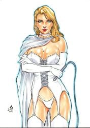 1girls arms_folded big_breasts blonde_hair blue_eyes choker cloak dominant_female dominatrix ed_benes_studio emma_frost hellfire_club holding_whip homo_superior hunter junior_maia long_hair marvel marvel_comics mutant red_lipstick solo_female solo_focus telepath whip white_choker white_cloak white_corset white_elbow_gloves white_garter_straps white_gloves white_queen white_thighhighs white_thong x-men