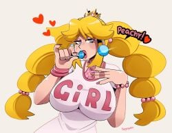 1girls big_breasts bimbo_peach_(monstrousfrog) blonde_hair blue_eyes crown earrings eyeshadow female female_only heart-shaped_pupils lollipop long_hair looking_at_viewer mario_(series) narrowed_eyes nintendo pink_lips plump_lips princess_peach solo solo_female text_on_clothing thegreyzen thick_lips twintails upper_body very_high_resolution voluptuous white_background