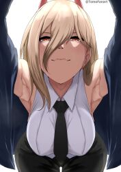 1girls :3 armpits arms_up black_necktie blonde_hair breasts chainsaw_man collared_shirt covered_nipples fangs fangs_out female female_only hair_between_eyes hanging_breasts horns large_breasts leaning_forward long_hair looking_at_viewer necktie power_(chainsaw_man) red_horns shirt simple_background sleeveless sleeveless_shirt solo sweat symbol-shaped_pupils tomodachi_(tomofanart) twitter_username upper_body white_background white_shirt yellow_eyes