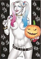 1girls 2016 baseball_bat batman_(series) big_breasts breasts carlos_braga crazy_eyes dc dc_comics dominant_male ed_benes_studio female female_only hair_covering_breasts hair_over_breasts halloween halloween_pumpkin harley_quinn jack-o'-lantern large_breasts looking_at_viewer multicolored_hair naked naked_female nude_female psychopath pubic_tattoo solo solo_female suicide_squad tattoo tattoo_above_pussy twintails