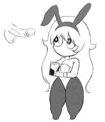 1boy 1girls aquamarina bongbong bunny_ears bunnysuit chibi holding holding_object large_breasts leotard lobotomy_corporation meme pen penis penis_awe project_moon sketch star-shaped_pupils strapless_leotard veiny_penis writing