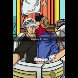 2boys ass ass_focus ass_up big_ass boat bubble_ass bubble_butt clothing english_text female he_wants_to_order lindartbotes male male_only meme monkey_d_luffy one_piece restaurant selfie snapchat tight_clothing trafalgar_law yaoi zeff