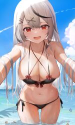 1girls absurdres ass_visible_through_thighs bare_arms bare_shoulders bikini black_bikini black_hair blue_sky bow bow_bikini bow_swimsuit braid breasts cleavage cloud commentary contrail cowboy_shot criss-cross_halter day female fish grey_hair hair_ornament hairclip halterneck heart_o-ring highres hololive hololive_japan holox large_breasts leaning_forward long_hair multicolored_hair navel ocean oerba_yun_fang open_mouth outdoors outstretched_arms red_bow red_eyes ripples sakamata_chloe side-tie_bikini sidelocks skindentation sky smile solo stomach streaked_hair string_bikini swimsuit thighs towrituka twitter_username virtual_youtuber wading water water_drop wet wet_breasts wet_clothes wet_hair wet_swimsuit x_hair_ornament