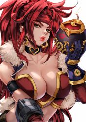 1girls battle_chasers bomb cleavage female fur_trim green_eyes kiss_mark large_breasts long_hair magion02 red_hair red_monika solo