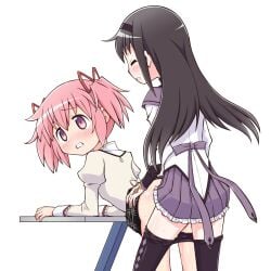 2girls akemi_homura bent_over black_hair black_pantyhose black_skirt blush clenched_teeth closed_eyes clothed_sex clothes_lift clothes_pull desk doggy_style futa_on_female grey_shirt grey_sleeves hairband highres implied_futanari indoors long_hair long_sleeves madoka_kaname mahou_shoujo_madoka_magica moaning multiple_girls orgasm pantyhose pantyhose_pull pink_eyes pink_hair plaid plaid_skirt purple_skirt pussy_juice ribbon school_uniform sex shirt skirt skirt_lift sweat teeth thighs torso_grab twintails white_shirt white_sleeves young yuuki_akira