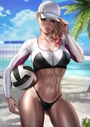 1girls abs beach beach_ball big_breasts bikini_bottom black_thong blonde_hair cap cleavage curvy_body curvy_female curvy_figure dandon_fuga eyebrow_piercing fit_female girl_abs girly_abs gwen_stacy looking_at_viewer marvel marvel_comics seductive_look solo_focus spider-gwen spider-man_(series) sports_jacket tagme thong vollyball voluptuous voluptuous_female