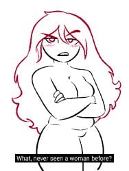 annoyed blush casual chubby female human long_hair muffin_top nonsexual_nudity overly_sarcastic_productions overt pale_skin red_(overly_sarcastic_productions) sassy sole_female thick_thighs youtube youtuber