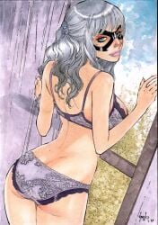 1girls 2017 ass big_ass big_breasts black_cat_(marvel) black_mask blue_eyes cowboy_shot ed_benes_studio felicia_hardy female female_ass female_only fit_female lace lace_trim lingerie long_hair looking_at_viewer looking_back marvel marvel_comics mask masked_female pink_lingerie pink_lipstick seductive_eyes seductive_look solo solo_female solo_focus spider-man_(series) thighs vagner_fernandes voluptuous_female white_hair