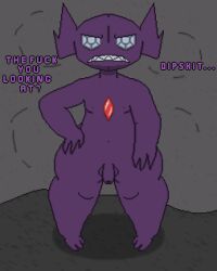 3_fingers angry angry_eyes annoyed annoyed_expression anthro ass big_butt cave dialogue digital_media_(artwork) fingers gem gem_eyes generation_3_pokemon genitals hi_res humanoid imp male nintendo nipples nude penis pixel_(artwork) pokemon pokemon_(species) profanity purple_body sableye shaded short_stack shortstack simple_background simple_shading small_penis solo solo_focus text thick_thighs toridiaz video_games