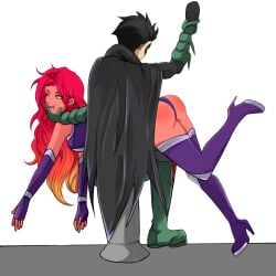 1boy 1girls alien_girl alien_look_like_human assertive_male bare_shoulders batman_(series) black_hair boots bubble_butt chin_grab chin_hold chin_lift cyberdarklord damian_wayne dc dc_comics dominant_male female femsub fingerless_gloves foot_up full_body gradient_hair green_eyes green_sclera happy_sub high_heel_boots justice_league_vs_teen_titans koriand'r leg_up long_hair looking_pleasured male maledom older_woman_and_younger_boy orange_skin over_the_knee_spanking pouting purple_boots purple_elbow_gloves purple_panties robin_(damian_wayne) robin_(dc) secretly_loves_it short_hair simple_background slippers smug smug_expression spank_marks spanking starfire submissive submissive_female superhero superheroine tamaranean teen_titans thigh_boots white_background wholesome_instant_loss