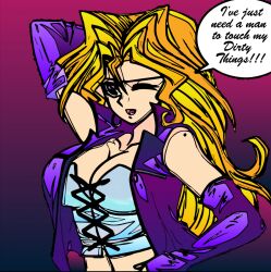 blonde_hair female mai_valentine purple_eyes purple_jacket sassypauline speech_bubble white_vest yu-gi-oh!