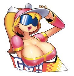 2022 alternate_version_available baseball_cap big_breasts big_eyes blonde_hair breasts cleavage eyelashes green_eyes hat large_breasts large_eyes light-skinned_female minus8 ninja_baseball_bat_man pink_clothing ponytail simple_background sunglasses tinted_eyewear upper_body white_background