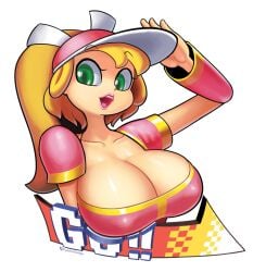 2022 alternate_version_available baseball_cap big_breasts big_eyes blonde_hair breasts cleavage eyelashes green_eyes hat large_breasts large_eyes light-skinned_female lipstick minus8 ninja_baseball_bat_man pink_clothing ponytail simple_background upper_body white_background