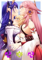 3girls between_breasts blush clothed game_mechanics genshin_impact height_difference kissing lumine_(genshin_impact) multiple_girls nonude raiden_shogun sandwiched soruna_(nell) threesome yae_miko yuri