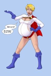 1girls belly big_belly big_breasts blonde_hair breasts cleavage dc_comics dialogue female hyper_belly olympic-dames power_girl pregnant superman_(series) text torn_clothes