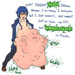 1girls areola_slip areolae belly belly_bulge big_belly bleedingstalker blue_hair breasts burp burping dialogue drooling female persona persona_4 same_size_vore shirogane_naoto short_hair sideboob stomach_noises text vore