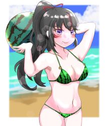 alluring beach bikini black_and_red_and_purple_hair cute female kitsune_marks kunimitsu_ii kunoichi lavender_eyes namco ponytail tekken tofu_(artist) watermelon watermelon_bikini