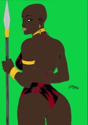 1girls african african_female bald bald_woman bikini black_panther_(2018) black_panther_(series) brown_bikini_bottom brown_bikini_top brown_lipstick dark-skinned_female dark_skin female female_only flat_colors gold_jewelry green_background human human_only iago_maia looking_at_viewer looking_back marvel marvel_cinematic_universe okoye solo solo_female spear voluptuous wakandan