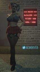 1girls 3d batman_(series) big_breasts bl3ndood_(artist) dc dc_comics facepaint female female_only fully_clothed harley_quinn harley_quinn_(injustice) injustice_2 skirt solo tattoos thick_thighs twintails wide_hips