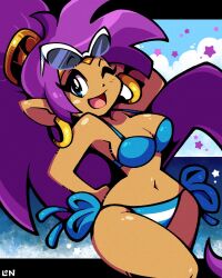 1girls big_breasts bikini blue_bikini blue_eyes breasts cleavage earrings female female_focus female_only legendofnerd ponytail purple_hair shantae shantae_(character) solo sunglasses sunglasses_on_head swimsuit thick_thighs thighs wayforward wide_hips